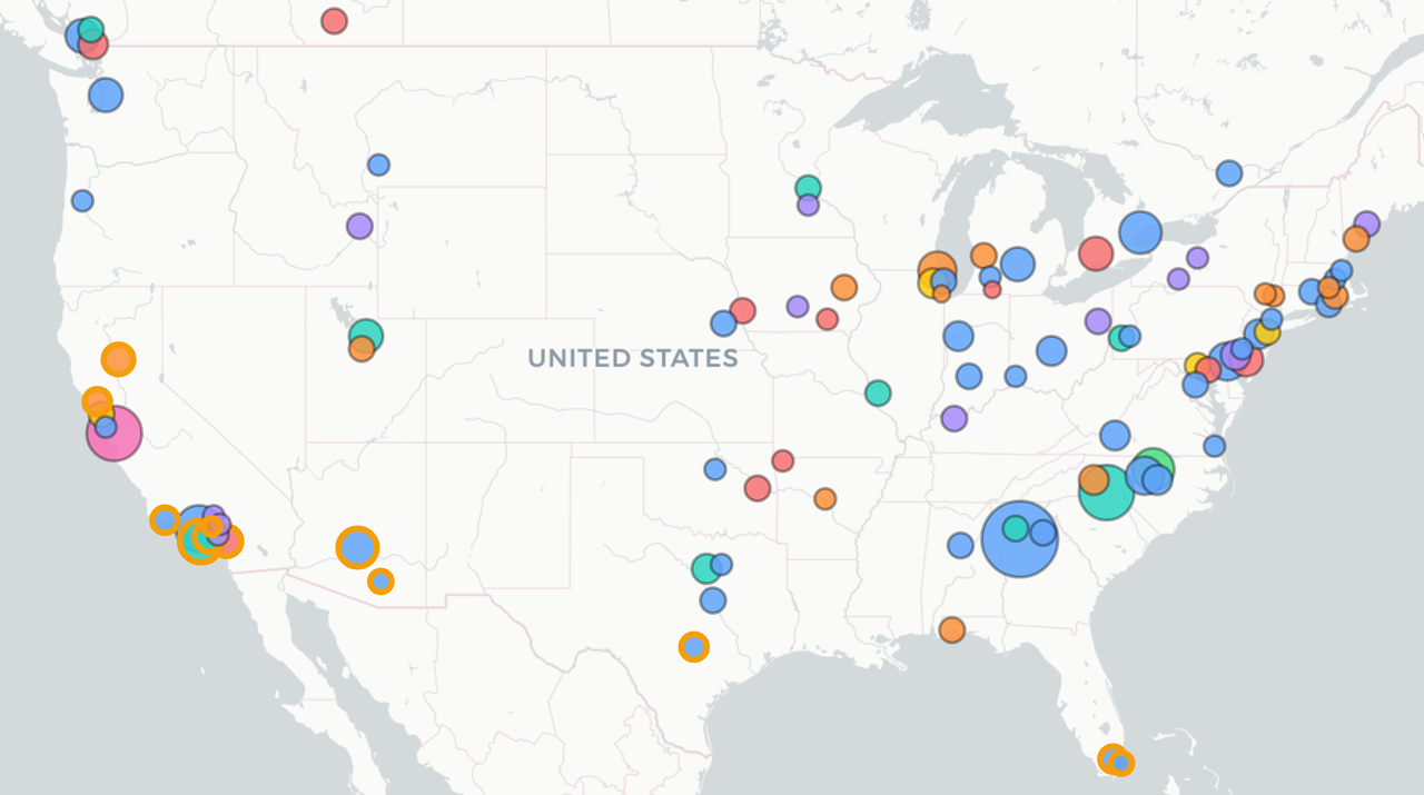 Map of the United States with colored dots marking the schools where students have used Sway