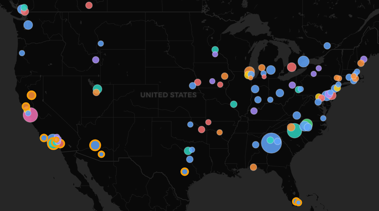 Map of the United States with colored dots marking the schools where students have used Sway