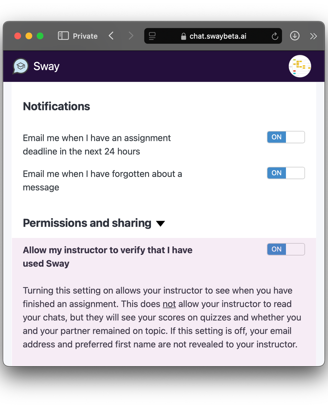 A Sway assignment chat showing the deadline and the progress meter indicating how far along the discussion is toward completion.